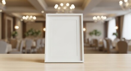 Empty picture frame on wooden table in elegant banquet hall with chandeliers