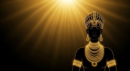 Black Awareness Day gradient from black to warm gold, female silhouette with beaded crown and jewelry glowing softly