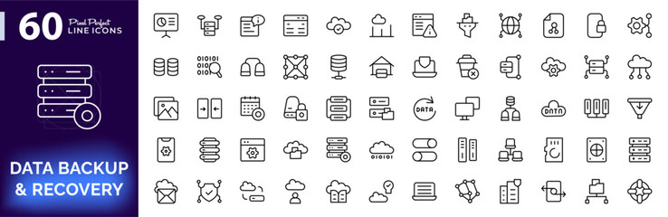 Data Backup and Recovery line icon set. Cloud storage, database, server, file restore, synchronization, protection, data transfer, security, network, vector outline icons. Editable stroke