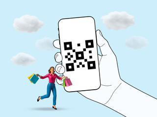 Mobile Shopping Powered by QR Technology and Joy, Miniature woman with bags jumps near phone showing QR code in sky