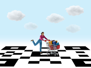 Playful Shopping in a Digitally Connected World, Miniature woman pushes cart on QR code with bags and clouds above