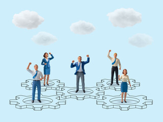 Celebrating Teamwork and Success in Business Systems, Business figures cheer on interconnected gears in sky scene