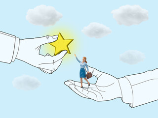 Reaching for Success with Support and Determination, Miniature businesswoman reaches for glowing star from illustrated hand
