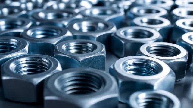 Closeup of metal nuts with industrial parts.
