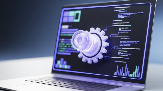 Abstract, high-resolution 3D rendering of a modern laptop, open and displaying complex programming code, data visualizations and metrics on its screen.