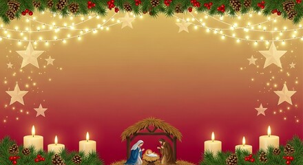Christmas gradient from pale gold to deep crimson, twinkling lights, pine garlands, stars and candles surrounding manger scene