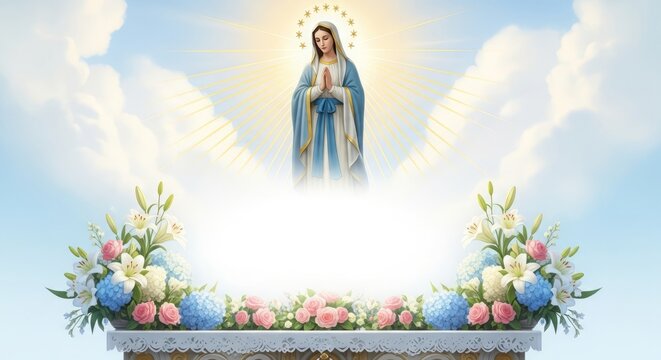 Immaculate Conception Feast gradient from pearl white to light azure, rays of divine light shining from Madonna figure