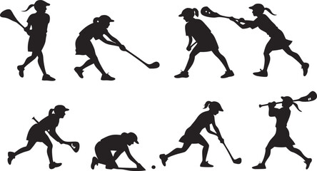 Dynamic lacrosse player silhouettes showcase athleticism and teamwork, ideal for sports branding and promotional designs. Vector graphic for sports.