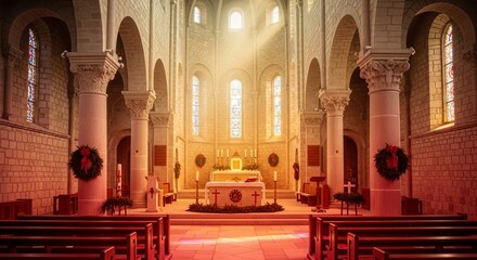 Feast of St Stephen gradient from deep red to cream gold, ancient stone church filled with light, wreaths and crosses adorning altar