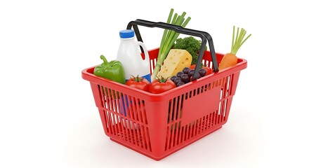 Red shopping basket full of groceries isolated on white background