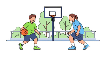 Energetic illustration of two children playing basketball on an outdoor court, dribbling and defending during a lively game, promoting active youth sports