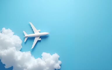 Fototapeta premium airplane flying over blue sky with clouds top view with copy space for your text. flat lay. High quality