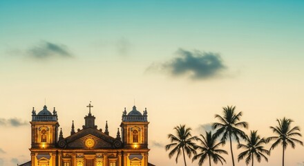 Feast of St Francis Xavier gradient from aqua blue to pale ivory, baroque Goan church facade lit with warm light