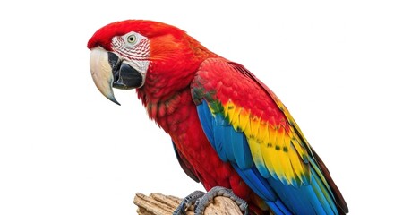 Fototapeta premium Scarlet Macaw Portrait: Vibrant Plumage on Branch, Isolated on White Background