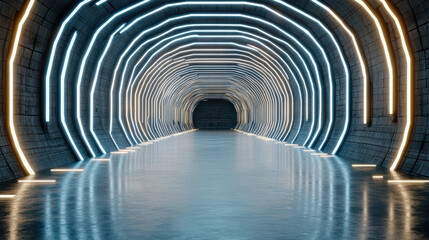 Futuristic tunnel with glowing neon lights creating vibrant atmosphere and depth