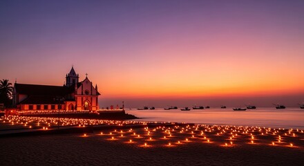 St Thomas Apostle gradient from dusk violet to coral gold, seashore church in Kerala surrounded by candles