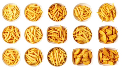 Assorted french fries in white bowls against black background