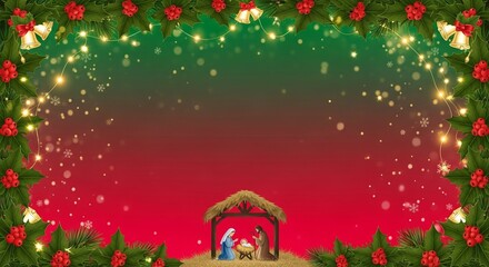 Christmas gradient from pine green to crimson red, twinkling fairy lights, holly and bells framing nativity scene
