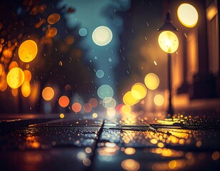 City street scene at night, with rain and bokeh lights