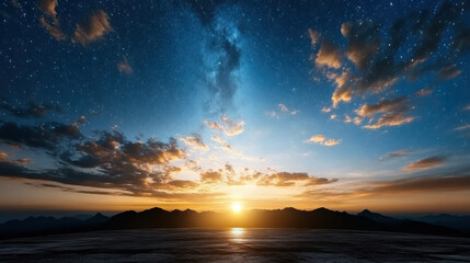 Majestic sunset over mountain range with starry sky and vibrant clouds creating tranquil