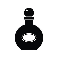 Black silhouette of a round perfume bottle with oval label