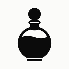 Black silhouette of a round perfume bottle with stopper
