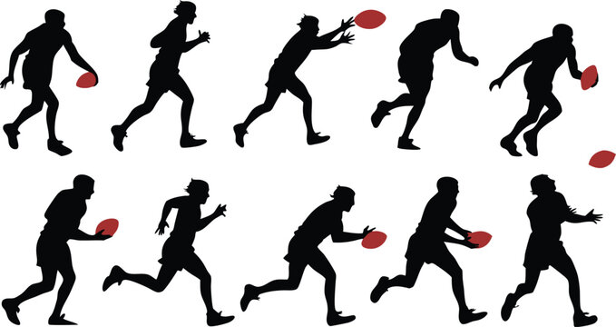 Dynamic Australian Rules Football Action Sequence Silhouette: Capture the Energy of Sport, Perfect for Team Graphics and Athletic Designs