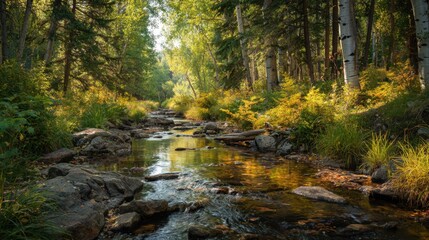 A peaceful river meanders among vibrant greenery and gentle sunlight filtering through trees.
