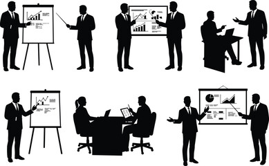 Business professionals silhouettes, corporate meeting, office teamwork, presentation, data analysis, workplace communication, collaboration, discussion, charts, graphs, flat vector