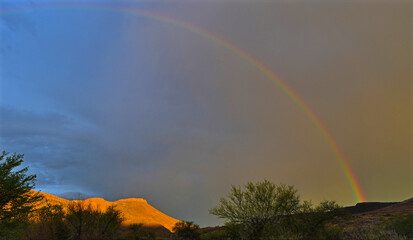 A beautiful thunderstorm moved pass in Karoo National Park, South Africa. The tail of the storm left a stunning rainbow while the sun is peeking through already!