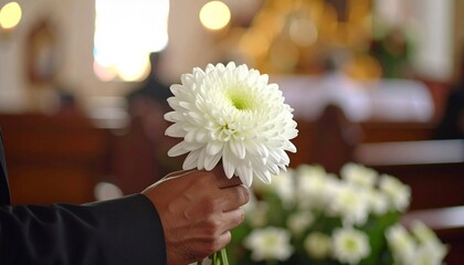 Funeral ceremony concept. close-up hand with white flower with respect in church for farewell service, mourning death or grief. 