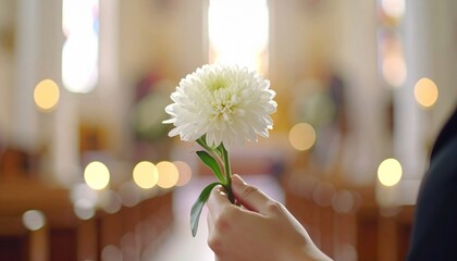 Funeral ceremony concept. close-up hand with white flower with respect in church for farewell service, mourning death or grief. 