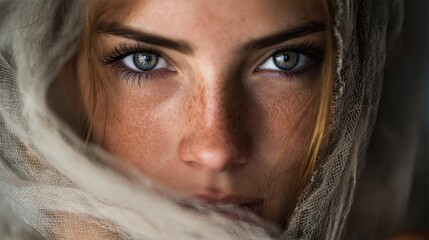A young woman gazes intensely with vibrant blue eyes framed by flowing hair and soft fabric.