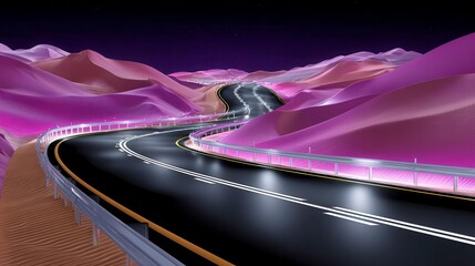 Futuristic Desert Road, Night Sky, Highway Travel