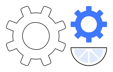 Two interlocking gearwheels and a lemon slice symbolizing collaboration, efficiency, and fresh ideas. Ideal for teamwork, innovation, creativity, engineering, process optimization, productivity