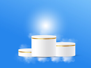 3D display podium scene with soft blue sky and realistic white clouds. Perfect for natural product presentations, branding mockups, and clean minimalist visual designs