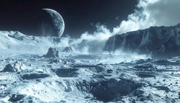 Alien Planet Landscape with Distant Moon.