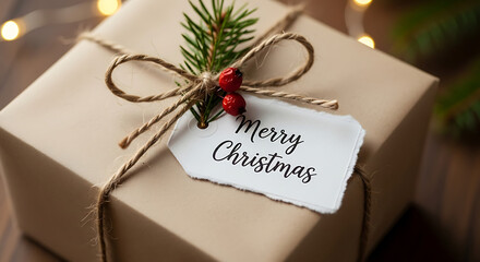 A christmas gift with a tag that says merry christmas and is tied with twine and decorated with berries