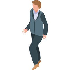 Isometric Male Figure In A Vest And Trousers In A Walking Pose Neutral Expression And Brown Hair Wearing White Collared Shirt Underneath A Charcoal Vest And Dark Navy Trousers