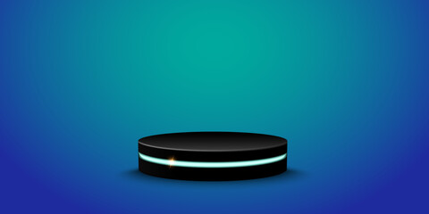 Futuristic 3D podium with bright lighting in cyberpunk blue tones. Digital technology arena platform perfect for modern product presentation and tech showcase visuals