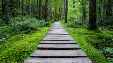 Fototapeta premium Wooden path surrounded by lush green moss serene forest setting, inviting exploration