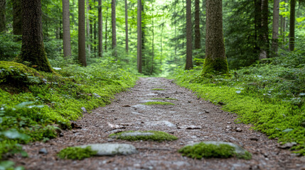 Fototapeta premium Lush forest path lined with green moss and stones, inviting exploration and tranquility