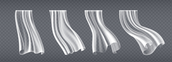 Flowing window curtain cloth set with realistic fabric folds. Swaying white sheer drapery panels Transparent lightweight textile billowing in breeze or wind for interior decoration and home design.