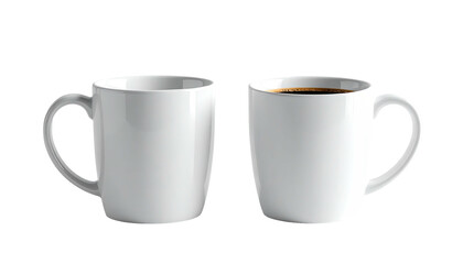 Two white mugs, one empty, one filled with dark coffee
