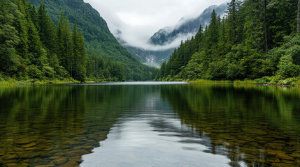Serene mountain lake reflecting lush pine trees and misty mountains, creating peaceful