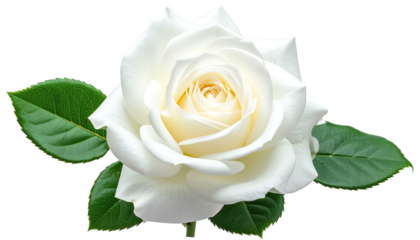 Pristine white rose, unfurled petals, glossy green leaves surround