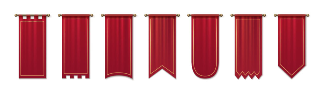 Red medieval pennant banners hanging from brass rods - royal silk flags with golden trim, pointed ends, castle cuts and decorative edges for heraldic ceremonies. Velvet tournament standards with folds