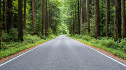Obraz premium Peaceful woodland road surrounded by tall trees and lush greenery, inviting exploration