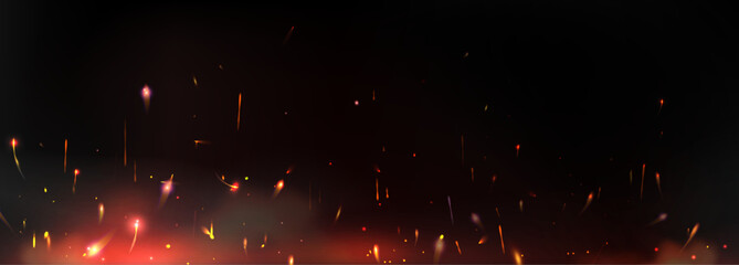 Fire spark background with glowing flame particles and smoke effect on dark surface. Burning flying embers in orange, yellow and red colors with motion blur and heat distortion. Hot burning bg.