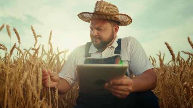 Picturesque rural scenery with farmer viewing golden wheat spikelets in farmland . Organic farming and rural life, successful agribusiness, ecological region for farming, professional agronomist